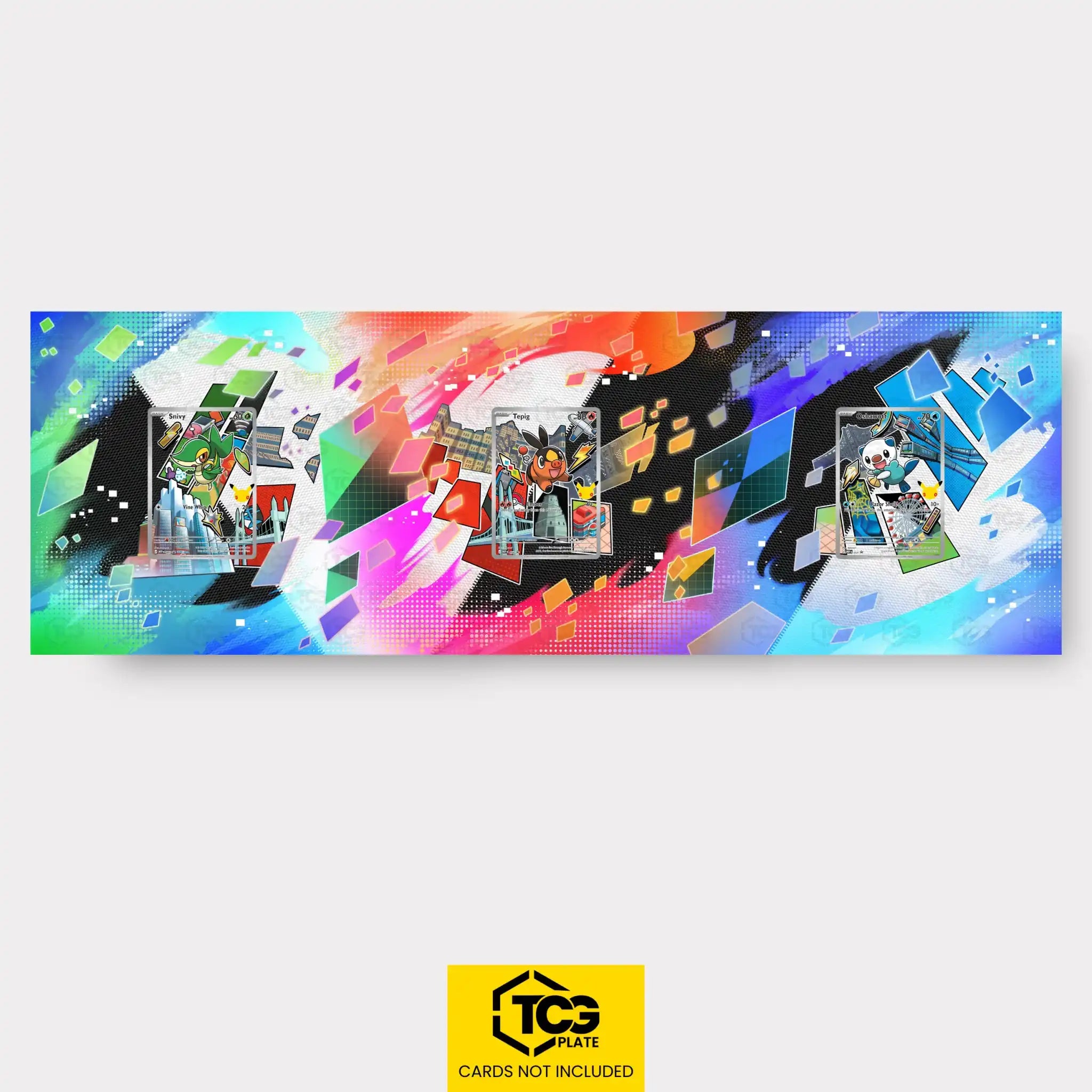Snivy, Tepig, Oshawott Pokémon TCG cards in TCGplate Extended Art Displays for collector showcase.