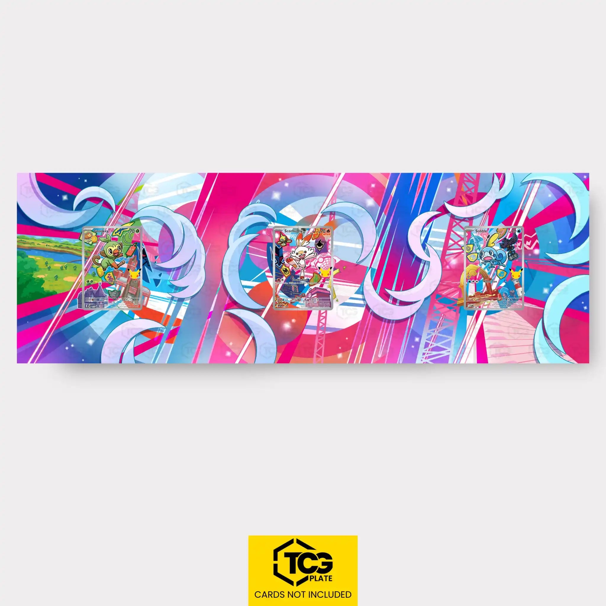 Grookey, Scorbunny, Sobble Pokémon TCG cards in TCGplate Extended Art Displays for collector showcase.