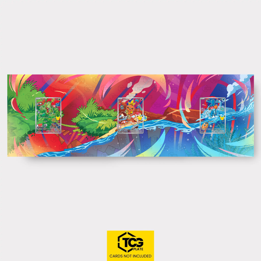 Treecko, Torchic, Mudkip Pokémon TCG cards in TCGplate Extended Art Display for collectors to showcase.