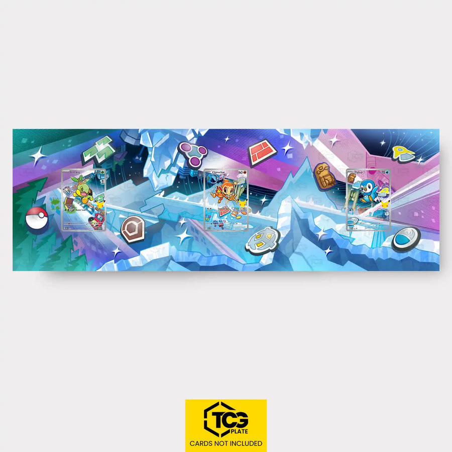 Turtwig, Chimchar, Piplup Pokémon TCG cards in TCGplate Extended Art Display for collector showcase.