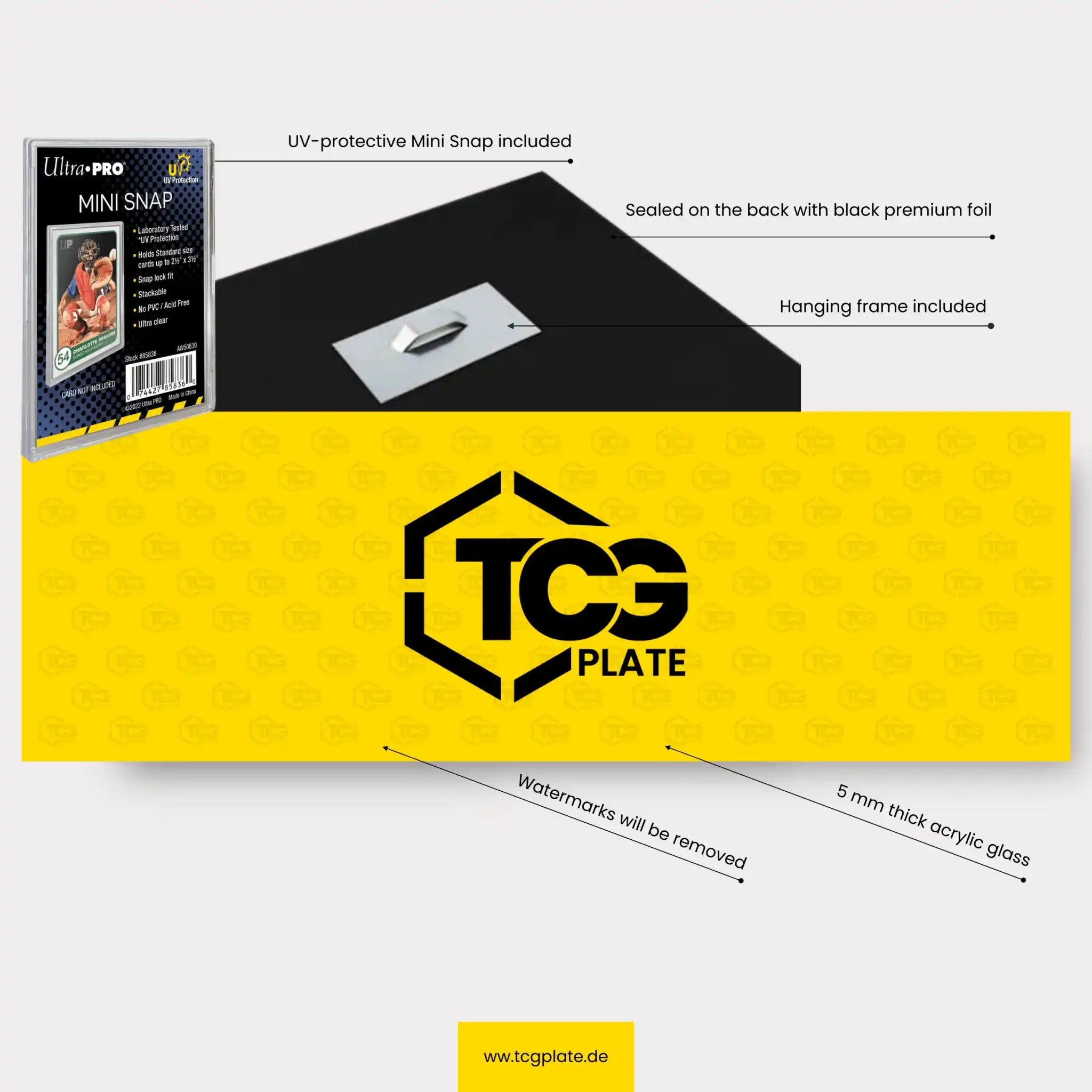 TCGplate Extended Art Display with 5mm acrylic glass, includes UV-protective Mini Snap and hanging frame for collector card showcase