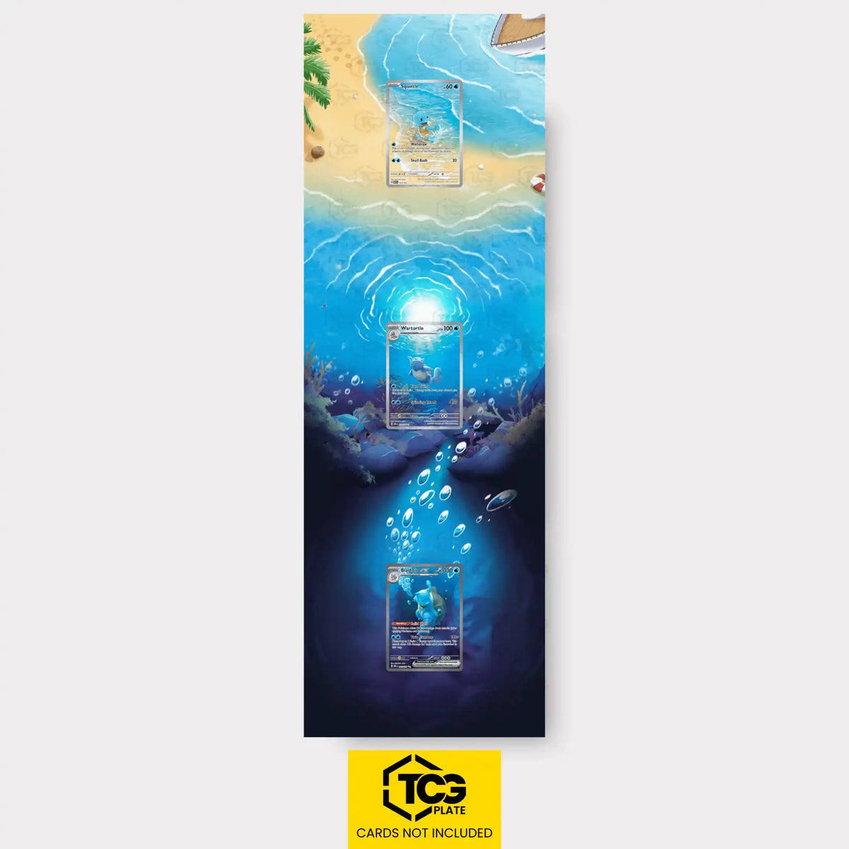 Squirtle, Wartortle, Blastoise Pokémon TCG cards in TCGplate Extended Art Display for collector showcase.