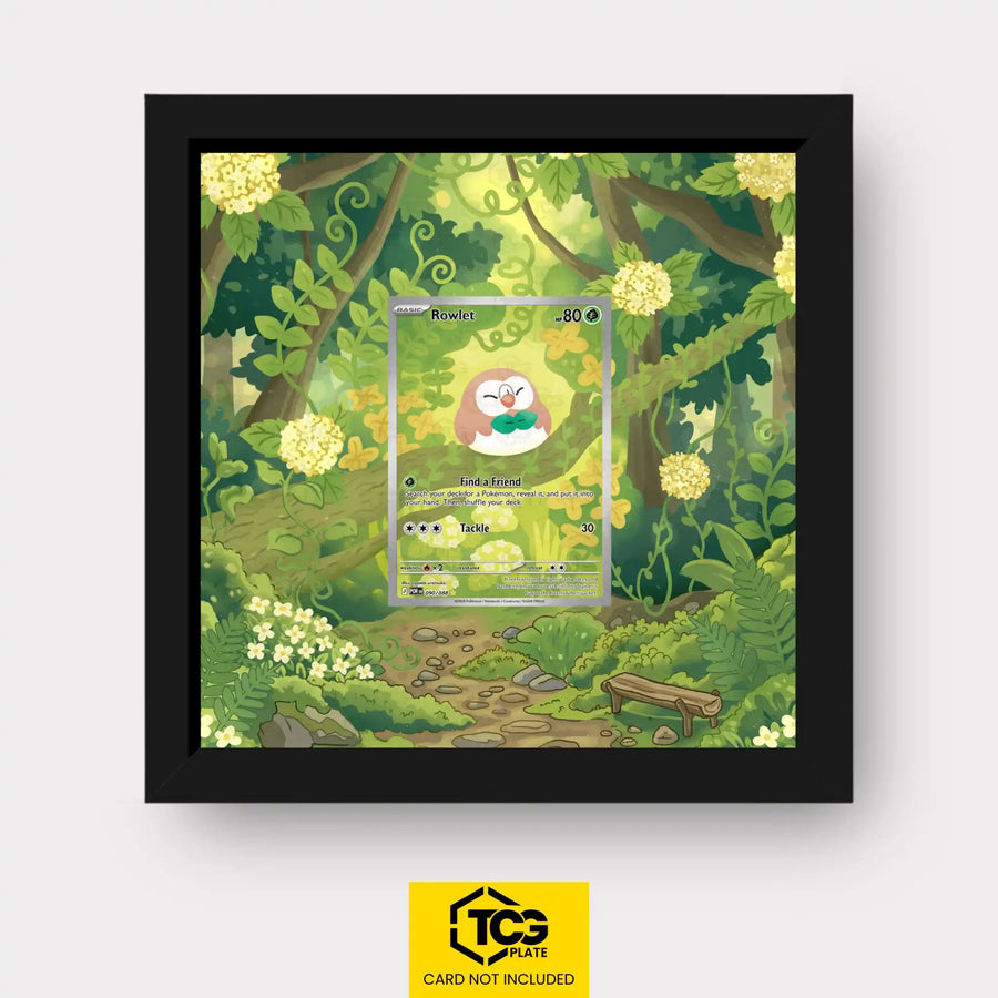 Rowlet Pokémon TCG card in TCGplate Extended Art Display for collectors to showcase cards.