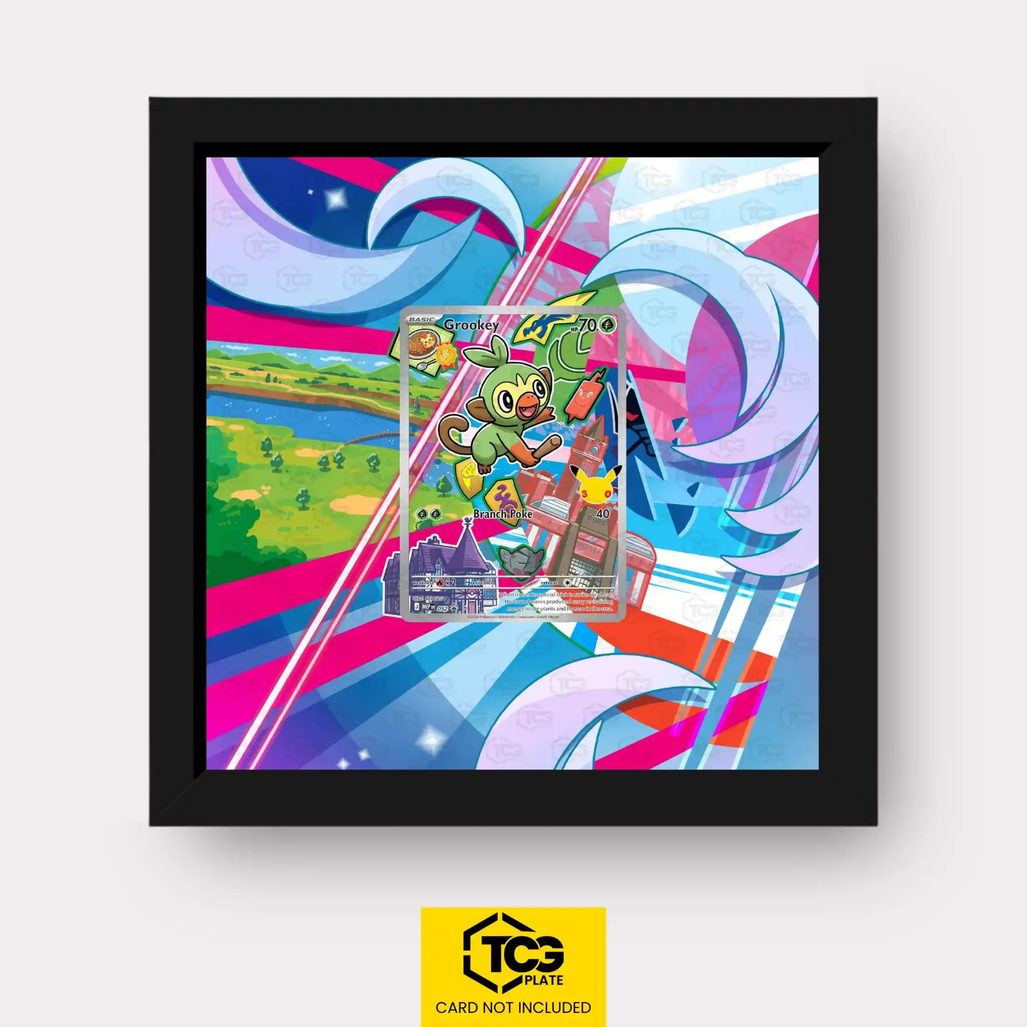 Grookey Pokémon TCG card displayed in a TCGplate Extended Art Display for collectors to showcase.