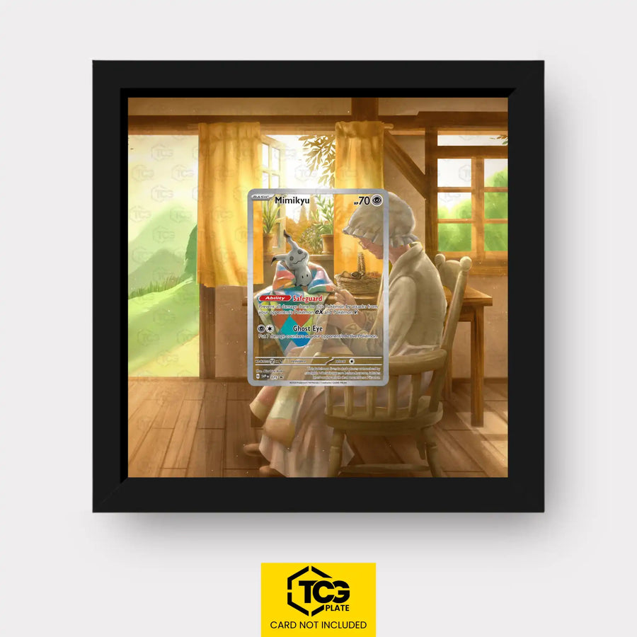 Mimikyu Pokémon TCG card displayed in a TCGplate Extended Art Display, designed for collectors to showcase trading cards.