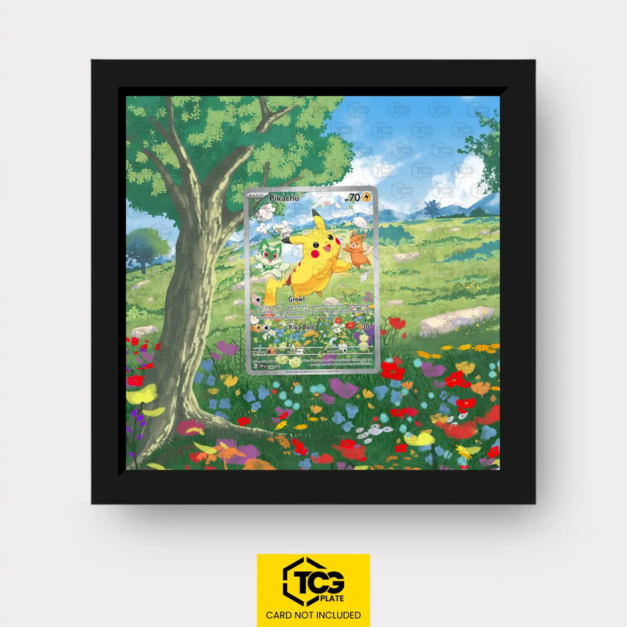 Pikachu Pokémon TCG card displayed in a TCGplate Extended Art Display for collectors to showcase.