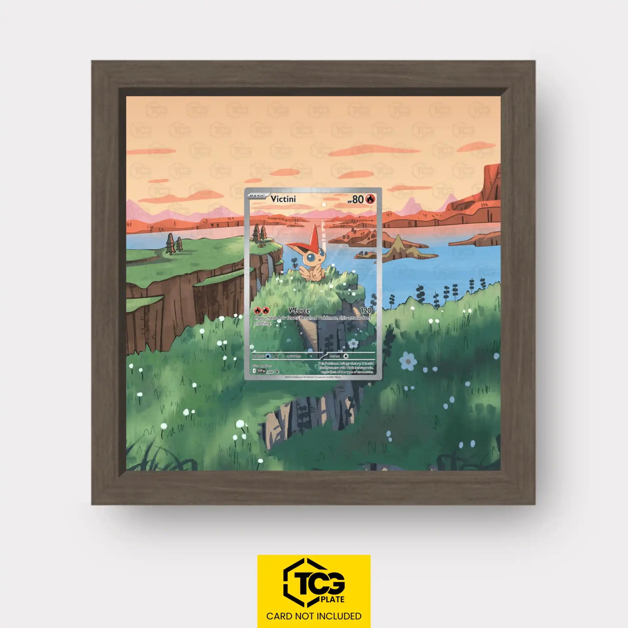 Victini Pokémon TCG card displayed in a TCGplate Extended Art Display, designed for collectors to showcase trading cards.