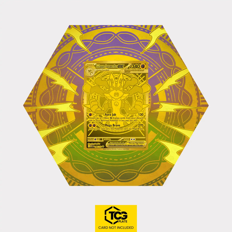 Mega Lucario ex Pokémon TCG card displayed in a TCGplate Hex Shape Extended Art Display for collector showcase.