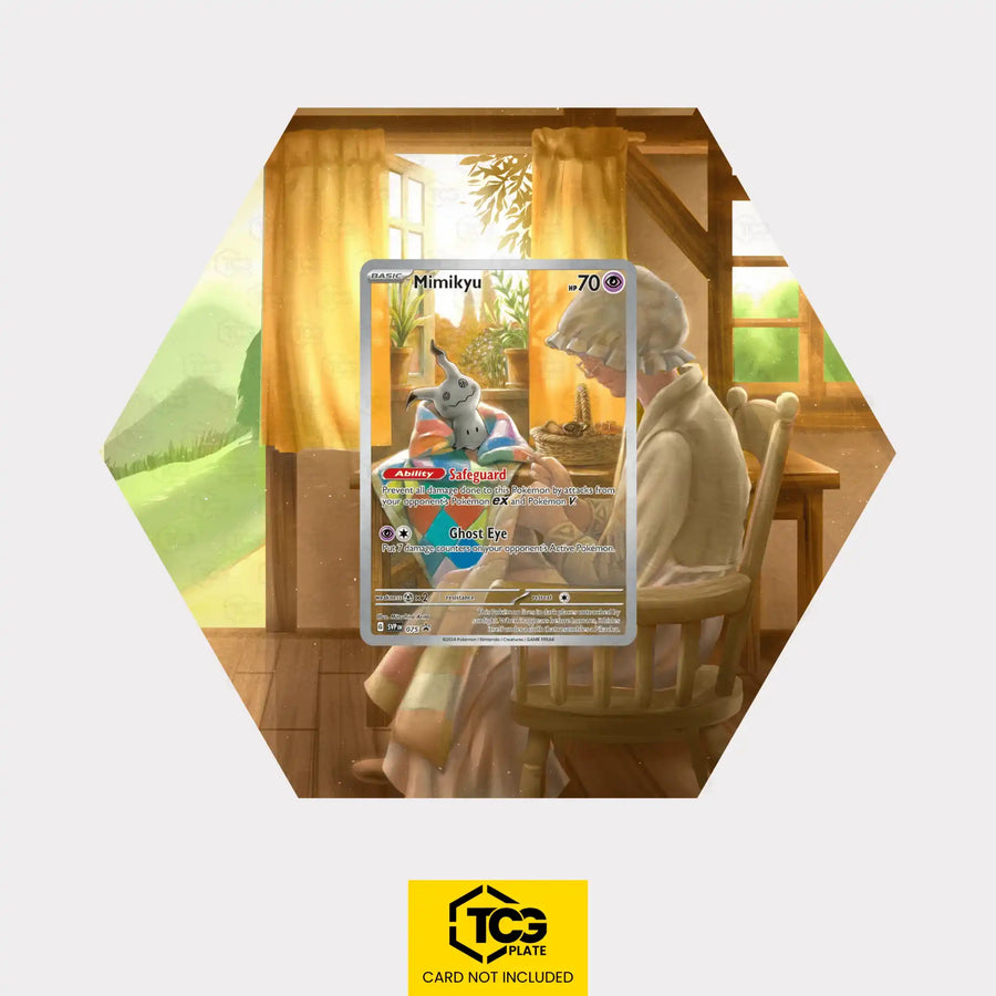 Mimikyu Pokémon TCG card in TCGplate Hex Shape Extended Art Display for collectors to showcase cards.