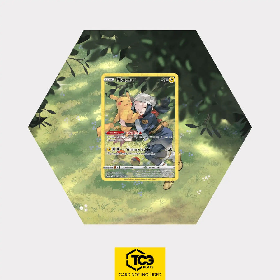 Pikachu Pokémon TCG card in TCGplate Hex Shape Extended Art Display for collectors to showcase cards.