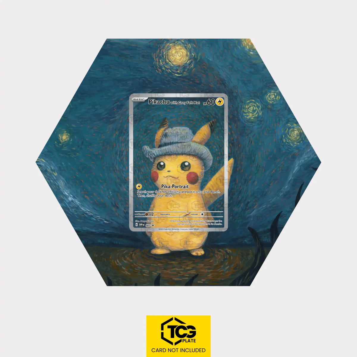 Pikachu with Grey Felt Hat Pokémon TCG card in TCGplate Hex Shape Extended Art Display for collectors.
