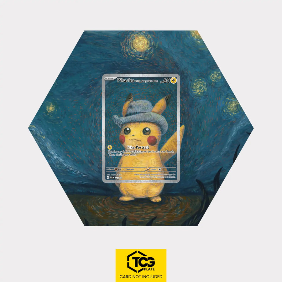 Pikachu with Grey Felt Hat Pokémon TCG card in TCGplate Hex Shape Extended Art Display for collectors.