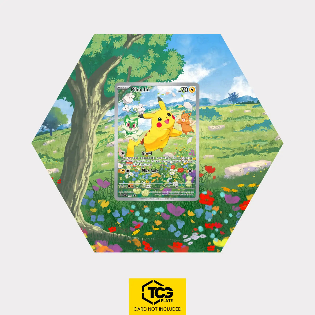 Pikachu Pokémon TCG card in TCGplate Hex Shape Extended Art Display for collectors to showcase cards.