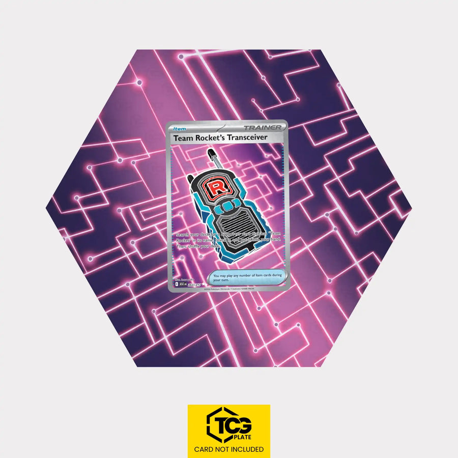 Team Rocket's Transceiver Pokémon TCG card displayed in a TCGplate Hex Shape Extended Art Display for collector showcase.