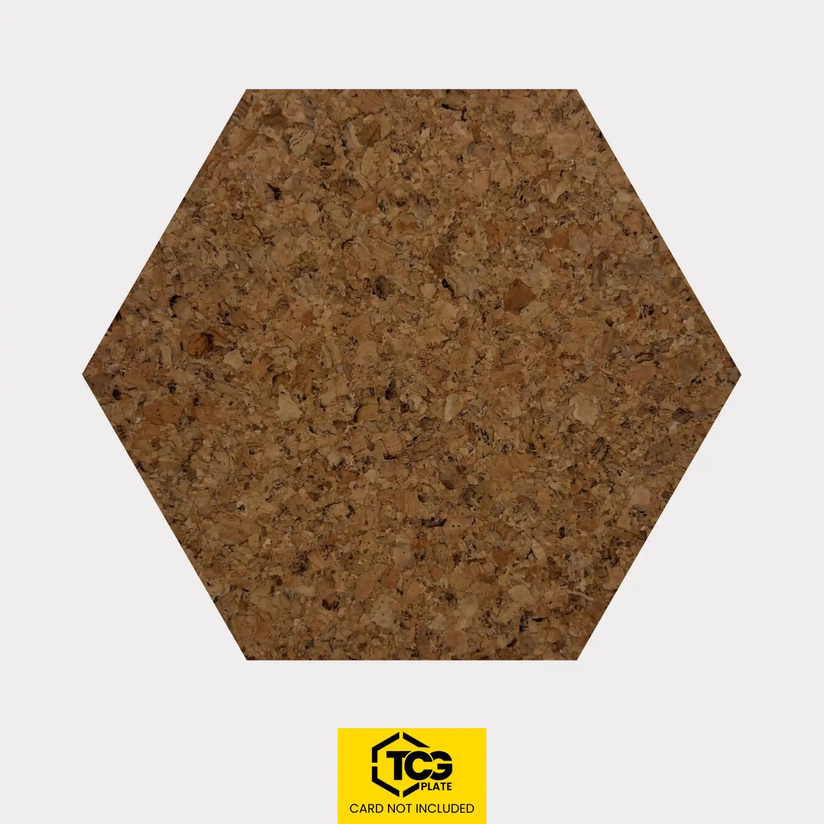 Hexagonal cork TCGplate display base for Pokémon TCG card showcasing, collector setup