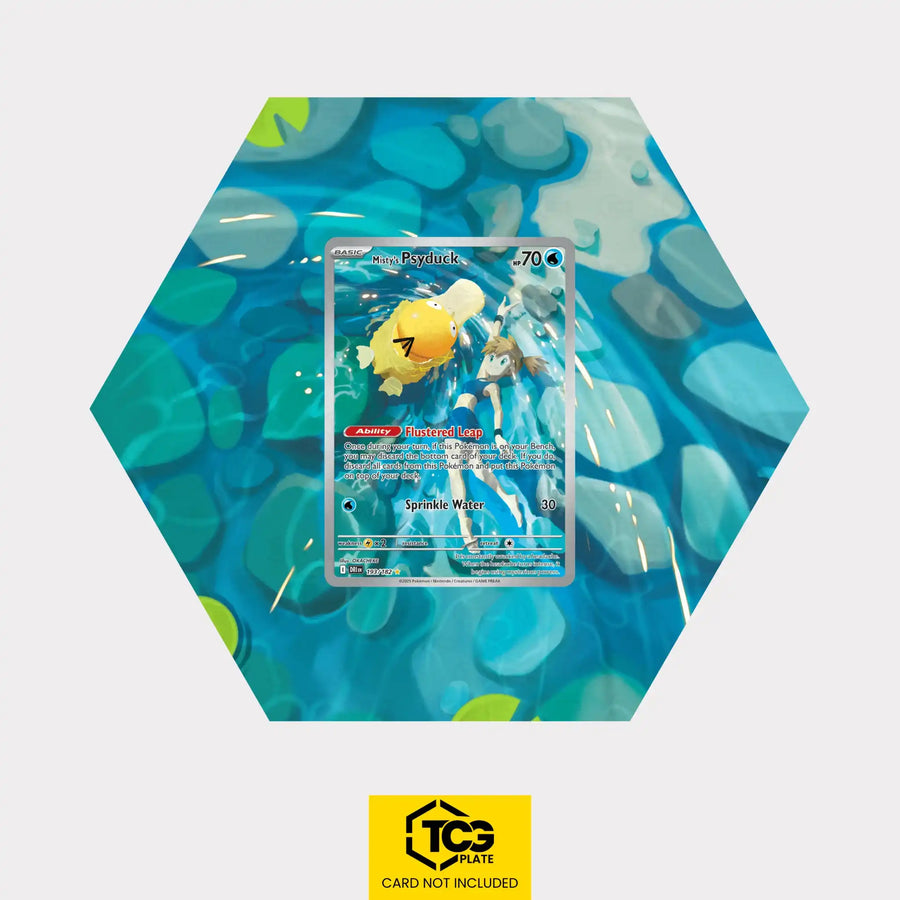 Misty's Psyduck Pokémon TCG card in TCGplate Hex Shape Extended Art Display for collector showcase