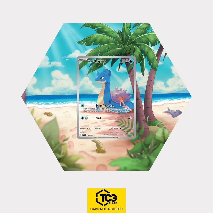 Misty's Lapras Pokémon TCG card in TCGplate Hex Shape Extended Art Display for collectors to showcase.