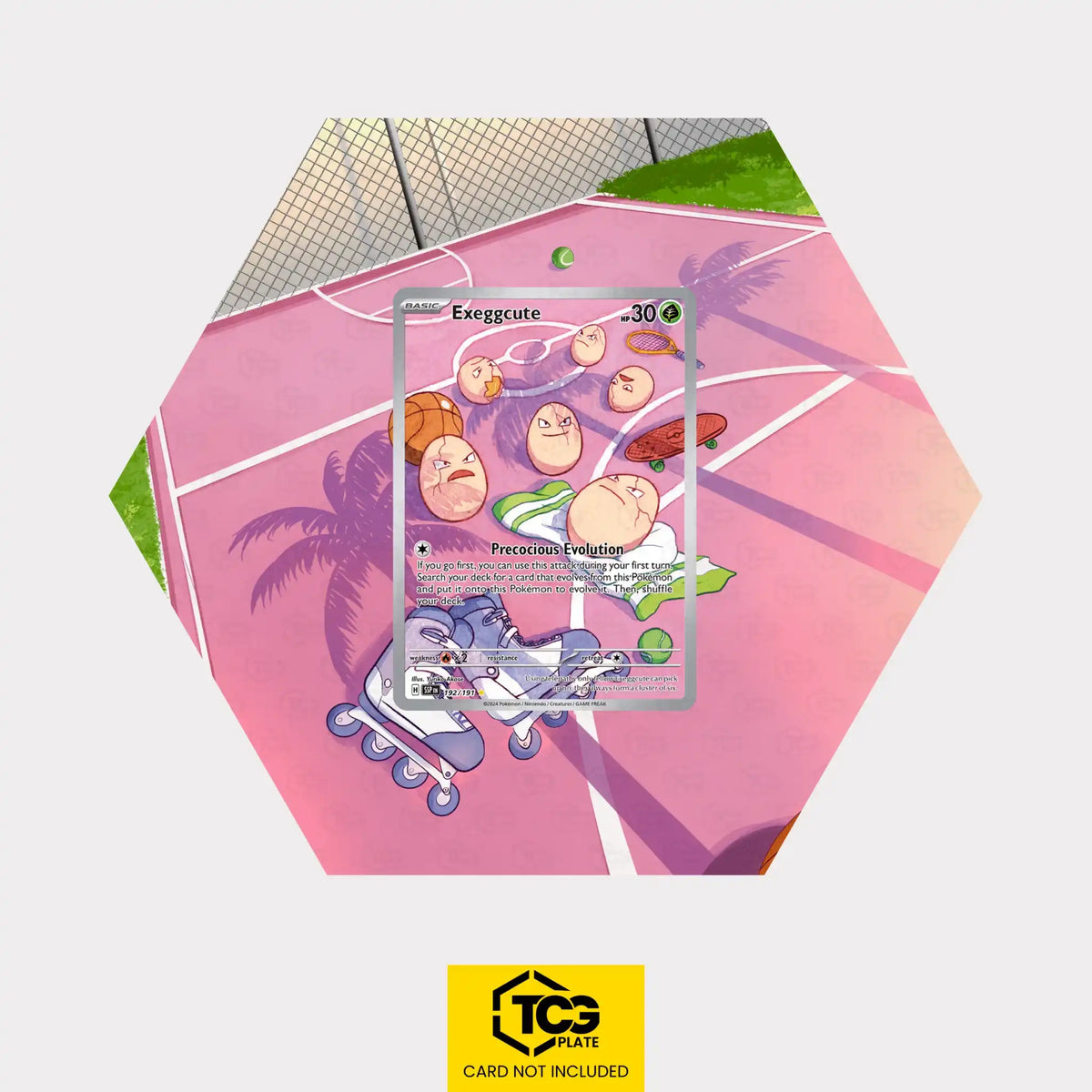 Exeggcute Pokémon TCG card displayed in a TCGplate Hex Shape Extended Art Display for collector showcase.