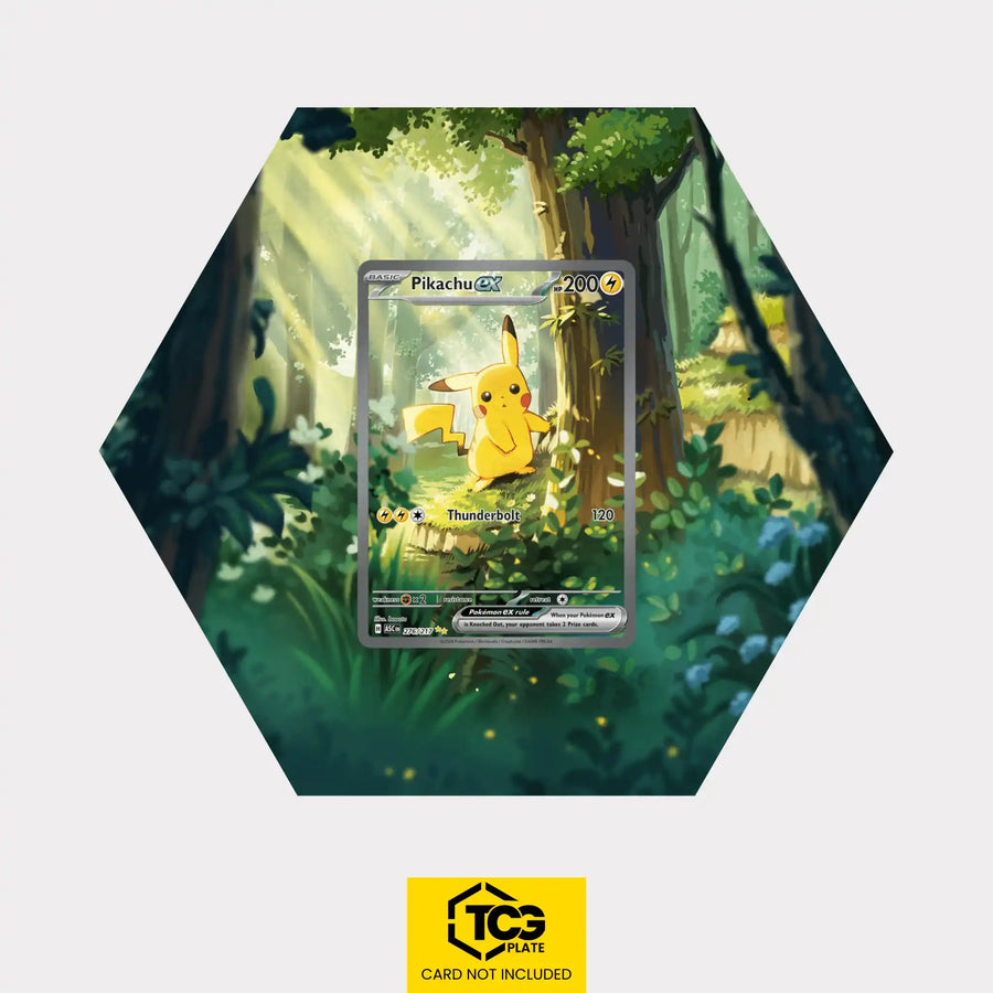 Pikachu ex Pokémon TCG card in TCGplate Hex Shape Extended Art Display for collector showcase