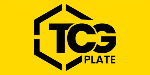 TCGplate logo with bold black text and hexagon design on yellow background