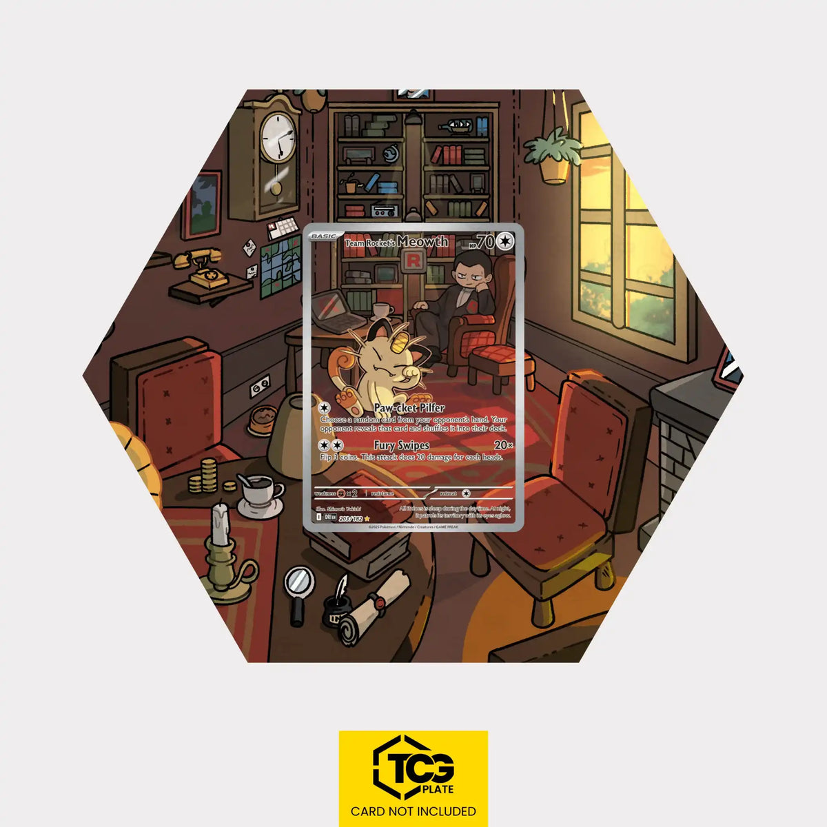 Team Rocket's Meowth Pokémon TCG card in TCGplate Hex Shape Extended Art Display for collectors.